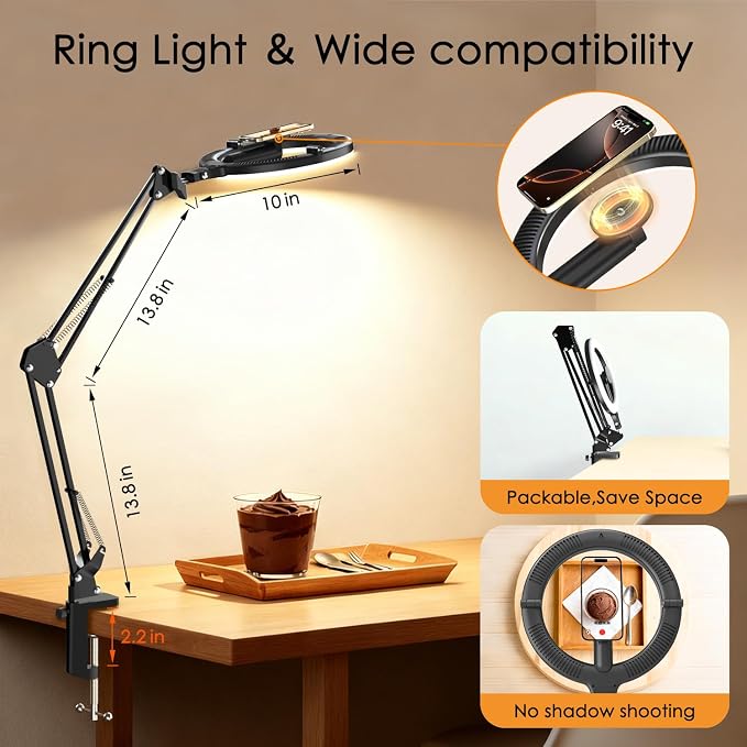 Magnetic Overhead Phone Mount with 10” Ring Light, 5000mAh Flexible Articulating Circle Lamp Table Tripod, iPhone Stand for Video Recording Cooking Nail, Zoom Meeting, Live Streaming Tiktok