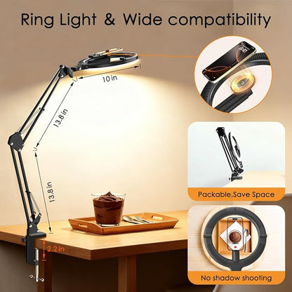 Magnetic Overhead Phone Mount with 10” Ring Light, 5000mAh Flexible Articulating Circle Lamp Table Tripod, iPhone Stand for Video Recording Cooking Nail, Zoom Meeting, Live Streaming Tiktok