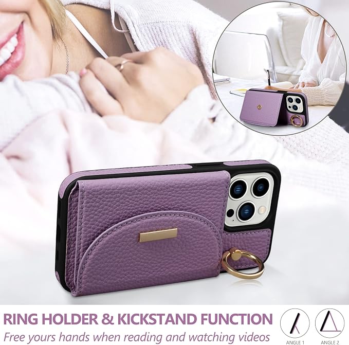 Keallce Wallet Case for iPhone 15 Pro 6.1'', Flip Case with Card Slots, Ring Holder Kickstand, PU Leather Protective Folio Cover for Women, Purple