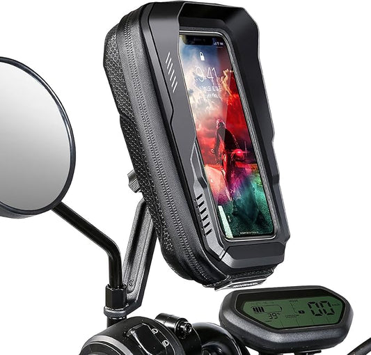 BKNOOU Motorcycle Phone Holder Waterproof Motorcycle Cell Phone Mount 360°Rotation Anti-Shake Upgrade Sun Visor Rain Cover Rearview Mirror Phone Holder Motorbike for Smartphone 4.5" to 6.9"