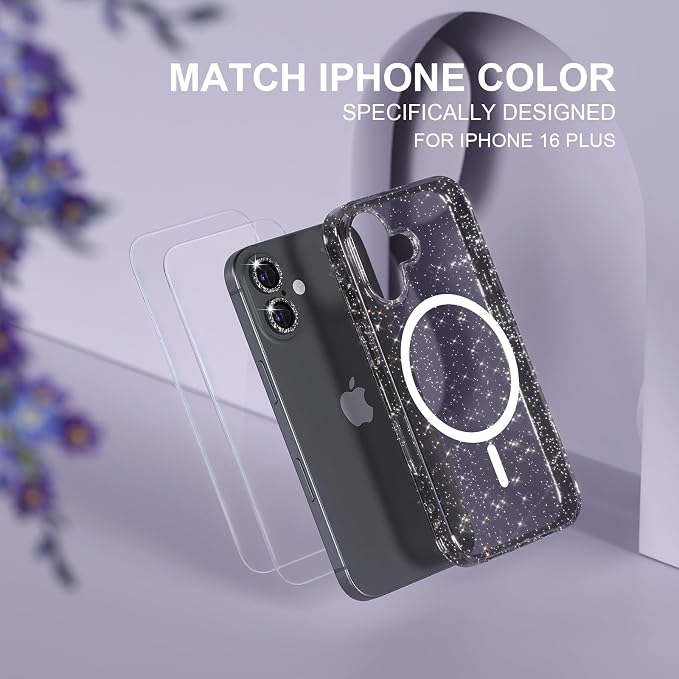 Choiche for iPhone 16 Plus Case Magnetic, Women Clear Glitter Bling Sparkly Case, [2xDiamond Camera Lens Protectors] [2xTempered Glass Screen Protectors] [Compatible MagSafe] 6.7" (Glitter Black)