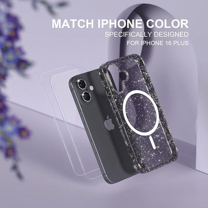 Choiche for iPhone 16 Plus Case Magnetic, Women Clear Glitter Bling Sparkly Case, [2xDiamond Camera Lens Protectors] [2xTempered Glass Screen Protectors] [Compatible MagSafe] 6.7" (Glitter Black)