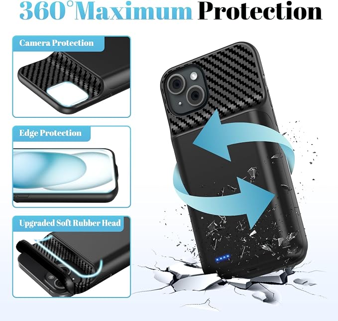 13800mAh Battery Case for iPhone 15 Plus(6.7 inch), [2026 Upgraded] High Capacity Rechargeable Extended Charging Charger Case with Tempered Glass Screen Protector, Black