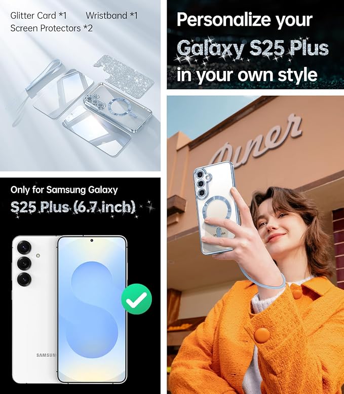 Meifigno Case Designed for Samsung Galaxy S25 Plus 6.7 inch, [Compatible with MagSafe] [2X HD Screen Protectors] [Glitter Card & Wrist Strap] Full Lens Protection Case for Galaxy S25 Plus, Icyblue