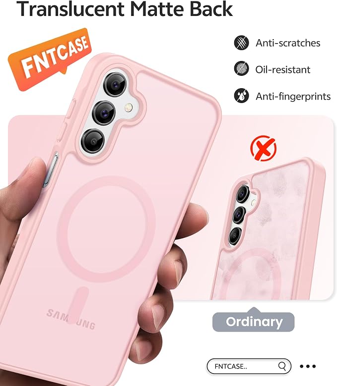 FNTCASE for Galaxy A15 5G Phone Case, Screen Protector, Light Pink | Translucent Matte Magnetic Back, 14FT Military Grade Drop Protection, Shockproof Protective, for Samsung A 15 Cover