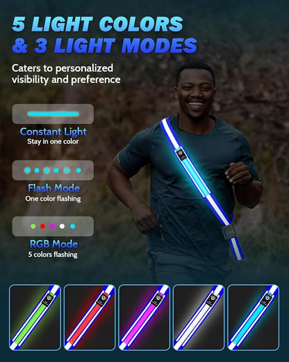 Fitense LED Reflective Belt Sash - 5 Lights Colors & 3 Light Modes High Visibility Night Safety Belt, Rechargeable Light Up Running Gear Adjustable Vest Straps for Runners Walkers Men Women