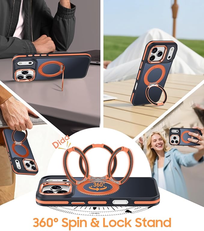 for iPhone 17 Pro Case with 360° Spin Magnetic Stand, Fits MagSafe, Military-Grade Shockproof Protection, Non-Slip Translucent Matte Slim Ring Holder Phone Cover for iPhone 17 Pro 6.3", Orange