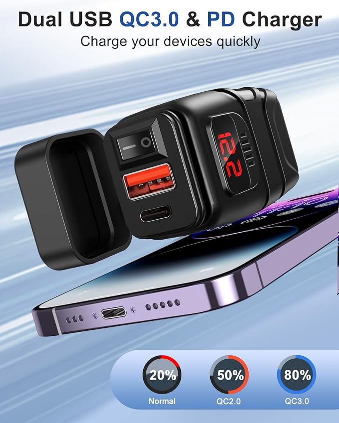 EXTRACTME Motorcycle USB Charger, 30W USB Type C PD & 24W QC3.0 Motorcycle Phone Charger with Voltmeter & ON/Off Switch, SAE to USB Motorcycle Accessories for Phone, Tablet, GPS, etc