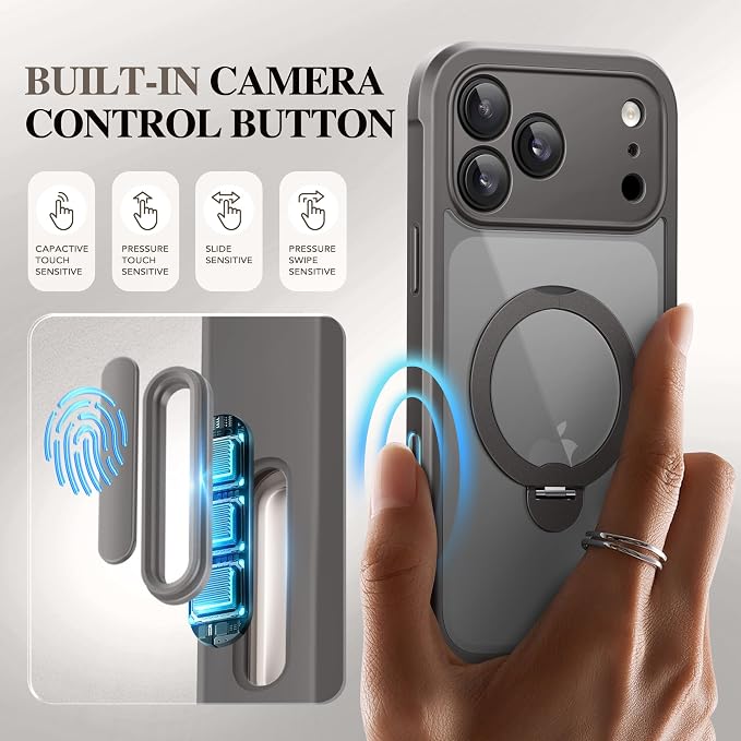BERFY for iPhone 17 Pro Max Case, Compatible with MagSafe, Built in Privacy Screen Protector, Shockproof Full Body Phone Case for 17 Pro Max with Magnetic Stand, Clear Grey