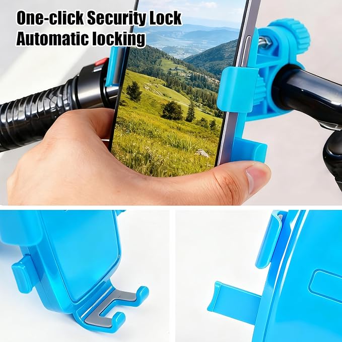 Motorcycle Bike Phone Mount, Bike Cell Phone Holder Clip, Bicycle Scooter Handlebar Clamp, for iPhone 17 16 15 14 Pro Max, Galaxy S25 S24 Ultra, 4.7-7" Phones, Blue