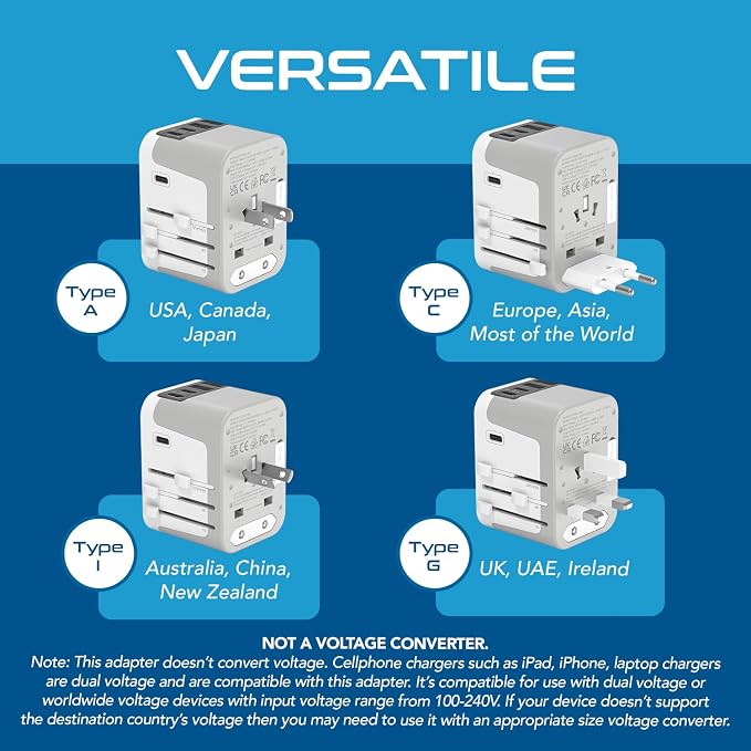 Ceptics 6 in 1 Universal Travel Adapter, Universal Outlet w/ 2X USB-A and 3X USB-C 6A, Travel Power Adapter for use in EU, UK, US, AU and More, Universal Plug for Mobiles, Laptops- UP-30KU-WH | 6 in 1 design, Type A, C, G & I Plugs, Universal Socket fo...