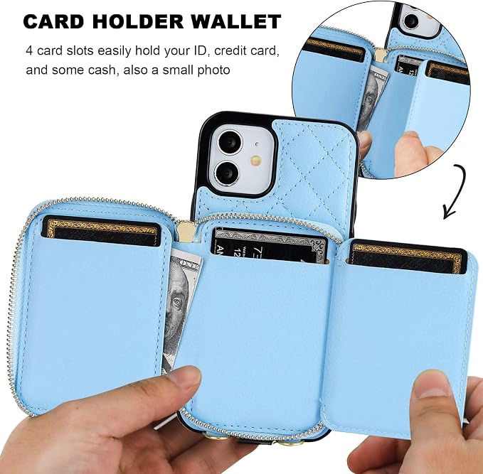 Bocasal Crossbody Wallet Case for iPhone 12/12 Pro, RFID Blocking PU Leather Zipper Handbag Purse Flip Cover, Kickstand Folio Case with Card Slots Holder Wrist Strap Lanyard 5G 6.1 Inch (Blue)