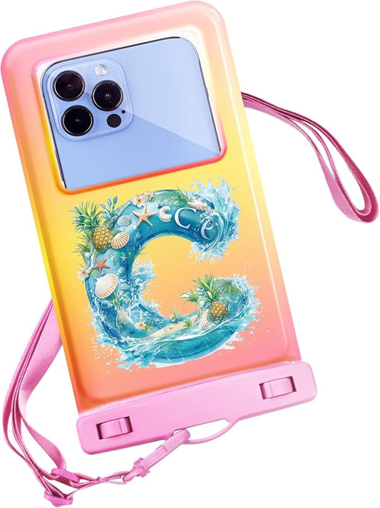 Personalized Initial Waterproof Phone Pouch Case - IPX8 Cellphone Dry Bag with Lanyard for iPhone 16/15/14/13/12 Pro Max (6.1–6.9"), Beach & Cruise Ship Essentials with Monogrammed Design (Pink, C)