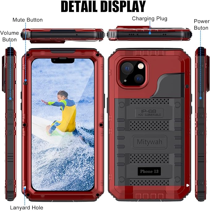 Mitywah Waterproof Case for iPhone 13, Heavy Duty Military Grade Drop Protection Phone Case with Built-in Screen Protector, 360° Full Body Protection Metal Armor Dropproof Case 6.1 inch, Red