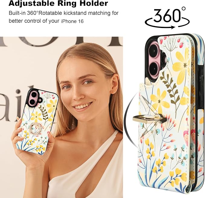 HAOPINSH for iPhone 16 Wallet Case with Card Holder, 360°Rotation Ring Kickstand, Floral Flower Pattern, RFID Blocking Leather for Girls Women, Double Buttons Protective Cover 6.1"