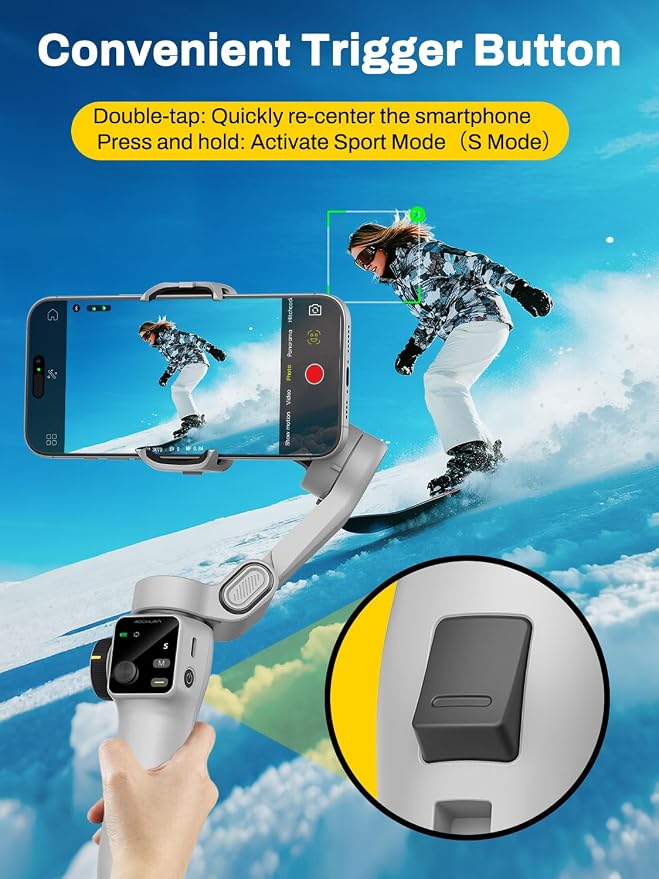 AOCHUAN Smartphone Gimbal Stabilizer for iPhone & Android, 3-Axis Phone Gimbal with Bluetooth Remote Control, Built-in 7.8” Extendable Rod, Face Tracking, Video Stabilizer – Smart V8 Kit White