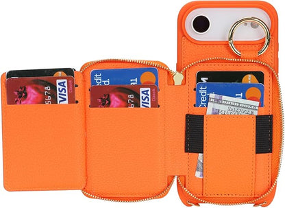 Crossbody Wallet Case for iPhone Air, PU Leather Zipper Handbag Purse Flip Cover, Kickstand Folio Case with Card Slots Holder Wrist Strap Lanyard 5G 6.5 Inch-Orange