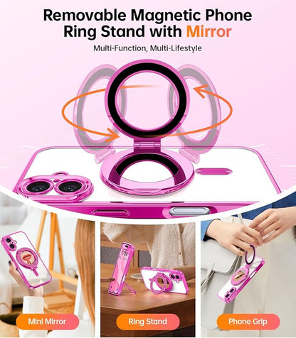 Meifigno Magnetic Case with Removable Phone Ring Stand for iPhone 16 Plus, [Glitter Card & Wrist Strap] [MagSafe Compatible] [Built in Mirror] Magnetic Phone Ring Holder + 16 Plus Case Kit, Hot Pink