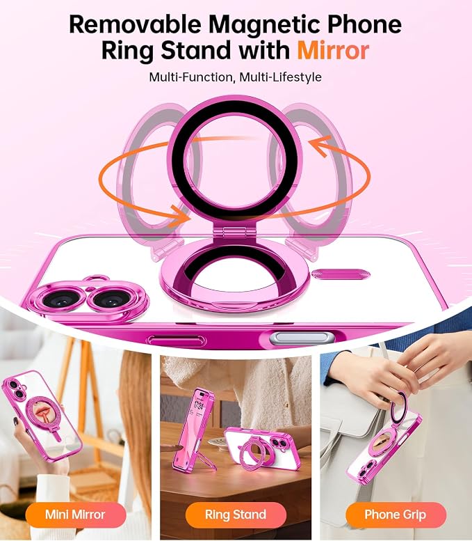 Meifigno Magnetic Case with Removable Phone Ring Stand for iPhone 16 6.1", [Glitter Card & Wrist Strap] [MagSafe Compatible] [Built in Mirror] Magnetic Phone Ring Holder + 16 Case Kit, Hot Pink