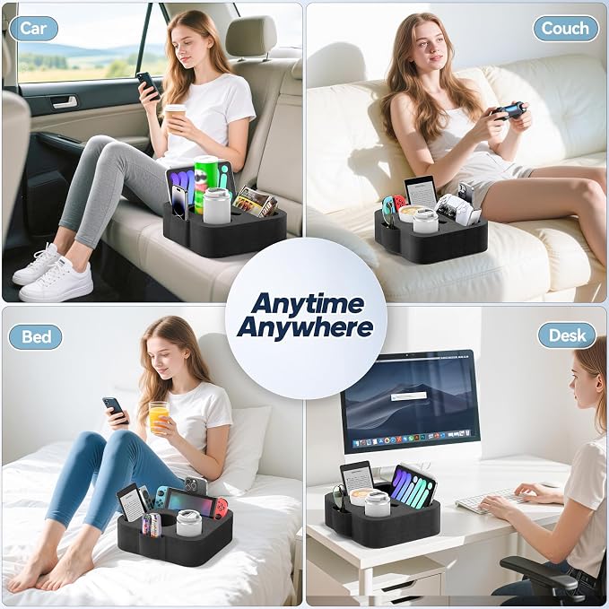 Couch Cup Holder Pillow, Sofa and Bed Organizer Caddy for iPad, Kindle, Switch, Game Controller, Remotes, Phones, Small-Sized Cup & Drink Holder for Couch, Bed, Desk, Car, Beach, Desk, Black