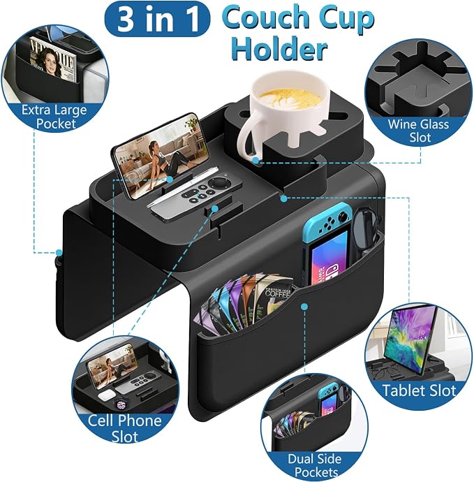 Silicone Couch Cup Holder for Tablet & Phone Stand, Sofa Arm Tray Organizer with Dual Side Pockets for Remotes Snacks Headphones & Glasses Drinks Anti-Slip & Heat Resistant Sofa Caddy (Black)