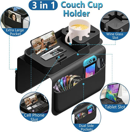 Silicone Couch Cup Holder for Tablet & Phone Stand, Sofa Arm Tray Organizer with Dual Side Pockets for Remotes Snacks Headphones & Glasses Drinks Anti-Slip & Heat Resistant Sofa Caddy (Black)