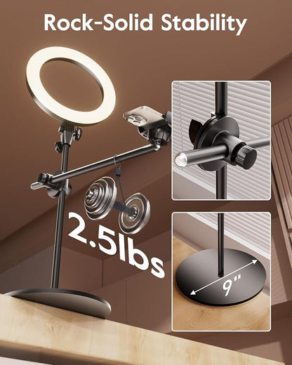 Ring Light Overhead Camera Mount for Desk, LUXSURE 10.5" Ring Light with Stand for iPhone, Adjustable Overhead Tripod with Shooting Arm & Phone Holder for Video Recording, Content Creation, Cooking