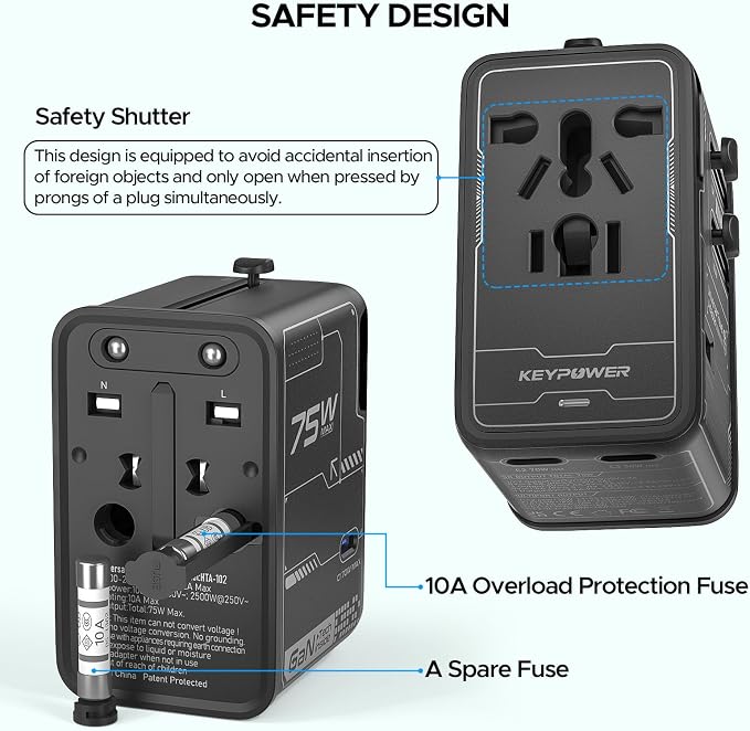 Universal Travel Adapter, 75W GaN International Power Adapter | All in One Travel Plug Adapter with 3 USB C, 1 USB A, Worldwide Outlet Wall Charger Converter for EU US UK AU 200+ Countries.