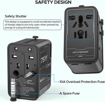 Universal Travel Adapter, 75W GaN International Power Adapter | All in One Travel Plug Adapter with 3 USB C, 1 USB A, Worldwide Outlet Wall Charger Converter for EU US UK AU 200+ Countries.