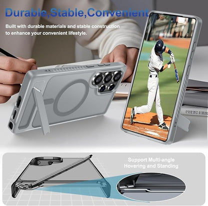 for Samsung Galaxy S25 Ultra Case with Screen Protector+Lanyard Wrist Strap,Magnetic Translucent Matte Rugged Slim Phone Cover Built in Invisible Kickstand [Fit for MagSafe],2025 Grey