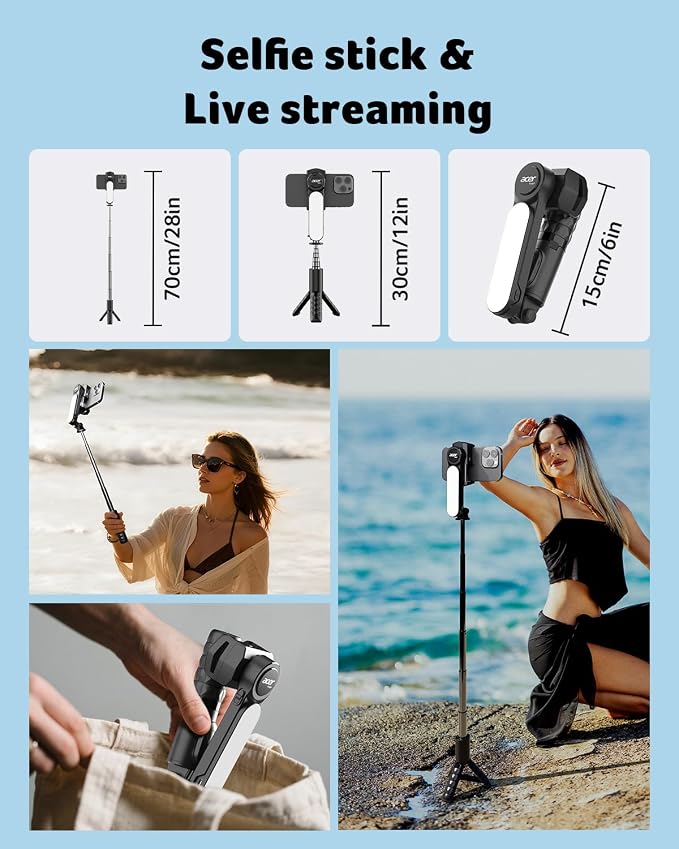 Acer Gadget Gimbal Stabilizer 1Axis for iPhone/Cell Phone/Smartphone/Android with Remote Control&Light, Portable Gimbal Tripod Auto Balance Handheld Selfie Stick for Video Recording, Live Streaming