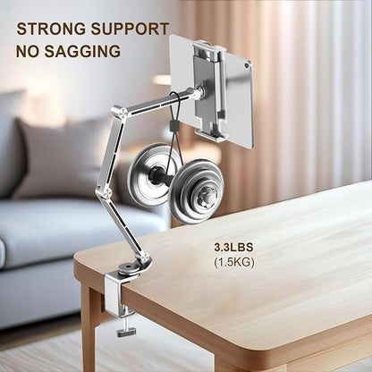 Tablet Stand Holder for Desk Aluminum Alloy Ipad Desk Mount Monitor with 360°Rotate Base, Adjustable&Foldable Tablet Arm for 4.7"-15.6" Screen Phone,Kindle,Fire HD,Monitor (Sliver)