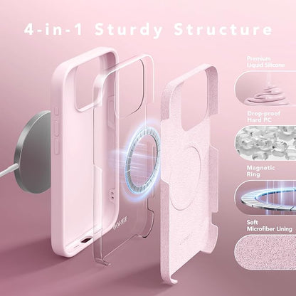 GONEZ Magnetic for iPhone 15 Pro Case, Compatible with MagSafe, [Screen Protector + Camera Lens Protector], Silicone Shockproof Anti-Scratch Protective Phone Case 6.1 inch, Chalk Pink