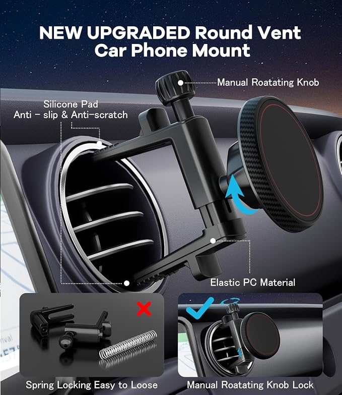 Magnetic Round Vent Car Phone Holder for Jeep Wrangler JL(2018-2025) Gradiator (2020-2024) Compass (2009-2016), Air Vent Car Mount Compatible with MagSafe for iPhone 17 16 15 14 13 12