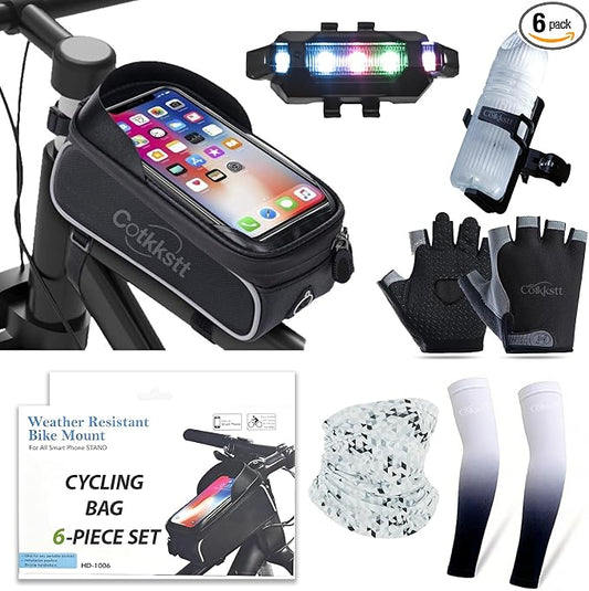 6 Pcs Bike Accessories Set, Mountain Biking Accessories for Men Women, Cycling Bag, Bicycle Lock, Gloves & Waterproof Tail Light, Universal Mountain Road Bicycle Outdoor Safety Riding Gear Kit