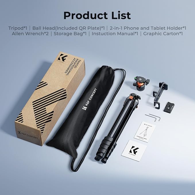 K&F CONCEPT 73" Aluminum Compact Camera Tripod, Portable Travel Tripod Compatible with iPhone, 22 lbs Capacity Arca Swiss Ball Head for DSLR Mirrorless Teleprompter Spotting Scope