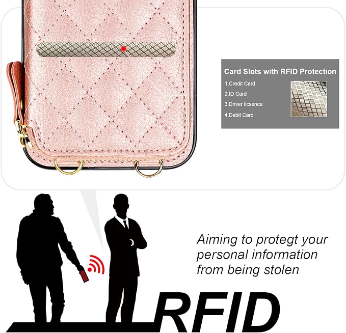 Bocasal Crossbody Wallet Case for iPhone 15 Plus, RFID Blocking PU Leather Zipper Handbag Purse Flip Cover, Kickstand Folio Case with Card Slots Holder Wrist Strap Lanyard 5G 6.7 Inch (Rose Gold)
