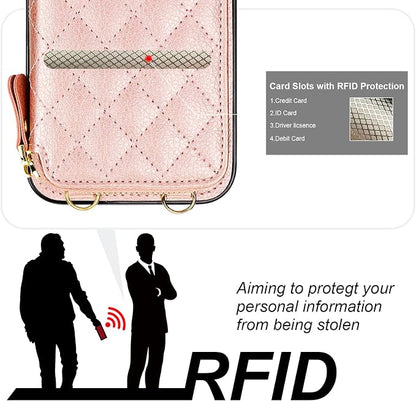 Bocasal Crossbody Wallet Case for iPhone 15 Plus, RFID Blocking PU Leather Zipper Handbag Purse Flip Cover, Kickstand Folio Case with Card Slots Holder Wrist Strap Lanyard 5G 6.7 Inch (Rose Gold)
