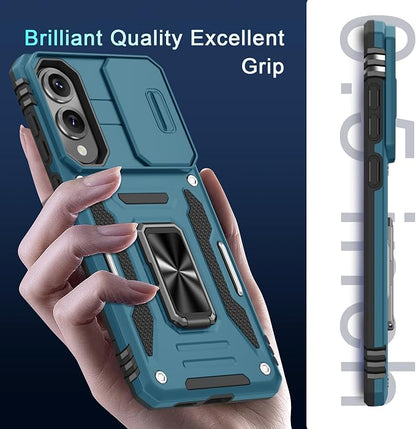 DEERLAMN Case for Samsung Galaxy S25 Edge with Slide Camera Cover+Screen Protector (1 Pack), Rotated Ring Kickstand Military Grade Shockproof Protective Cover-Light Blue