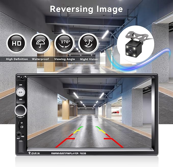 CAMECHO 7" Double Din Car Stereo Audio Bluetooth MP5 Player USB FM Multimedia Radio+ 4 LED Mini Backup Camera with Steering Wheel Remote Support Mobile Phone Synchronization (Used in Android/iOS)