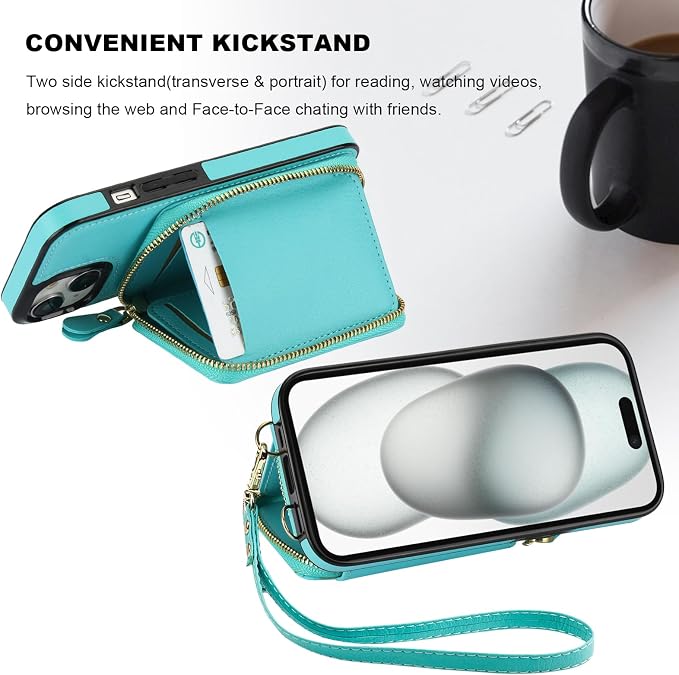 Bocasal RFID Blocking Wallet Case for iPhone 15, Adjustable Crossbody Zipper Purse Case Card Holder with Kickstand Detachable Wrist Strap, PU Leather Flip Folio Case 6.1 Inch 5G (Mint Green)