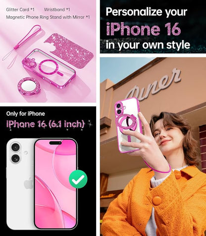 Meifigno Magnetic Case with Removable Phone Ring Stand for iPhone 16 6.1", [Glitter Card & Wrist Strap] [MagSafe Compatible] [Built in Mirror] Magnetic Phone Ring Holder + 16 Case Kit, Hot Pink