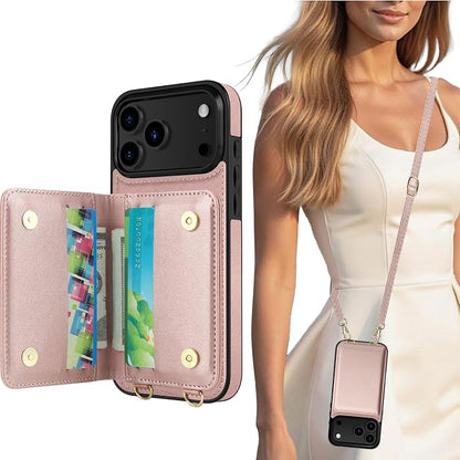 LOHASIC for iPhone 17 Pro Wallet Case with Detachable Crossbody Strap & Wrist Lanyard, RFID Blocking Card Holder, 4 Card Slots & 2 Cash Pockets, Leather Case for Women Girls, Rose Gold
