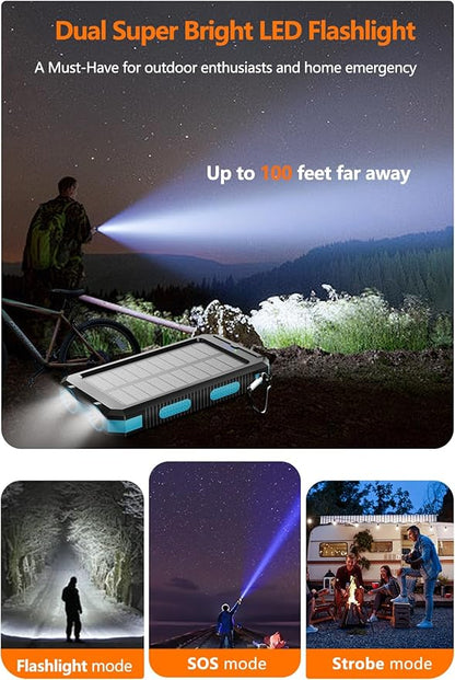 Solar Power Bank 38800mAh Portable Charger with USB-C 5V/2.4A Fast Charging Power Bank Compatible with iPhone, with 2 LED Flashlights External Battery Pack Perfect for Camping, Hiking