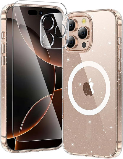 3 in 1 for iPhone 16 Pro Case Clear, Not Yellowing, Screen Protector*1 Camera Lens Protector*1, Military-Grade Protection for iPhone 16 Pro Phone Case 6.3 inch Clear Glitter