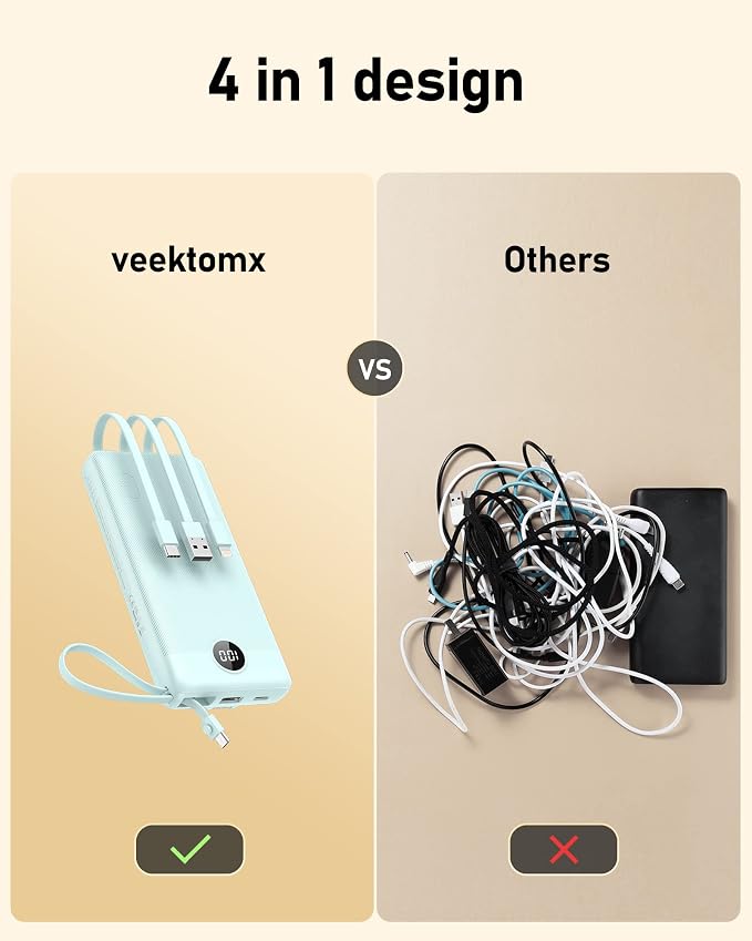 VEEKTOMX Portable Charger Built-in Cables, Power Bank for iPhone, Fast Charge USB C Battery Pack Travel Essentials Powerbank Compatible with iPhone 17/16/15/14, Samsung S25/24