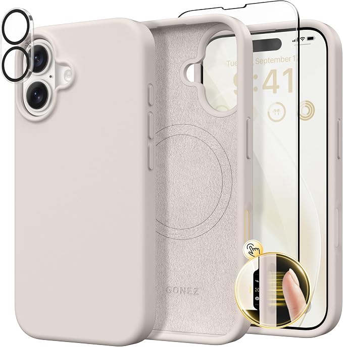 GONEZ Magnetic for iPhone 16 Case, Compatible with MagSafe, [Screen Protector + Camera Lens Protector], Liquid Silicone Shockproof Protective Phone Case for iPhone 16 6.1", Stone