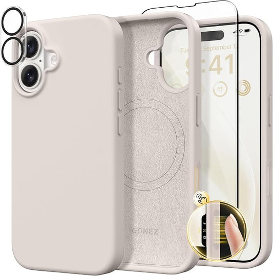 GONEZ Magnetic for iPhone 16 Case, Compatible with MagSafe, [Screen Protector + Camera Lens Protector], Liquid Silicone Shockproof Protective Phone Case for iPhone 16 6.1", Stone