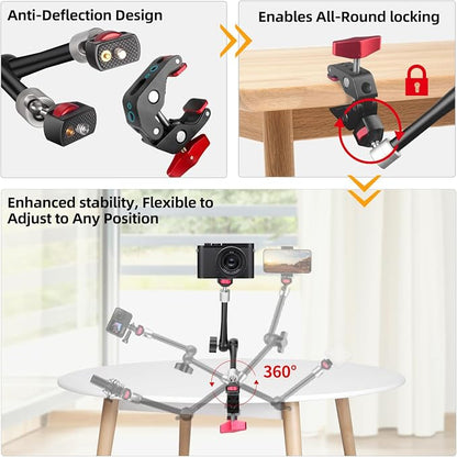 HEMMOTOP 11in Magic Arm Camera Mount Clamp, Max. Payload 5.5 LBS Articulating Arm with Anti-Twist Pins, Rotatable Pads, Adjustable Friction Arm for Monitor, LED Light, Camera Video Rig MS02