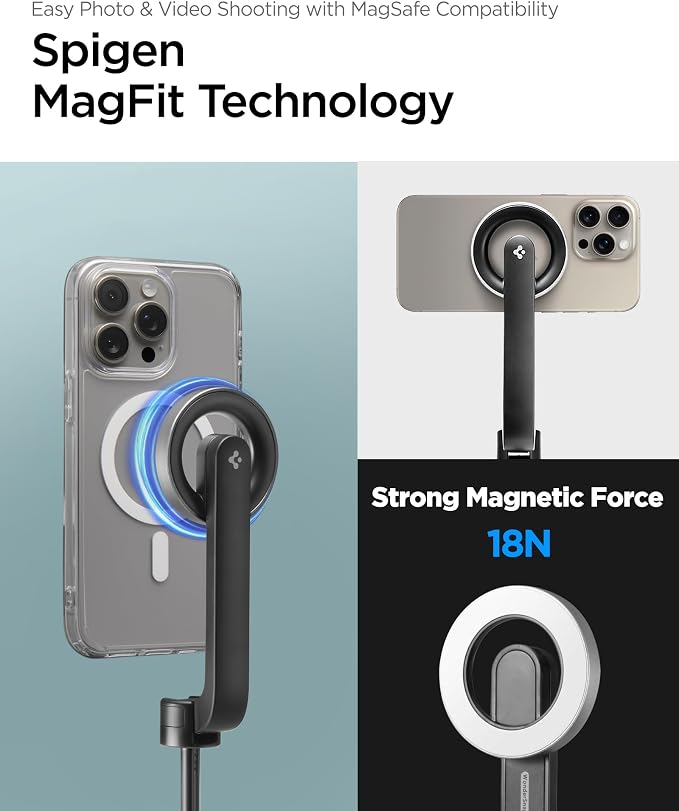 Spigen Selfie Stick Tripod Stand with Bluetooth Remote Control Shutter 47" Extendable Compatible with MagSafe iPhone 17/16/15/14/13/12 Pixelsnap Pixel 10 Series & More - Black (S580W)